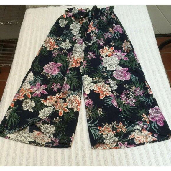Bonded Womens Wide-Leg Capri Pants - Size Small Multicolor Elastic Waist Floral - Picture 1 of 7